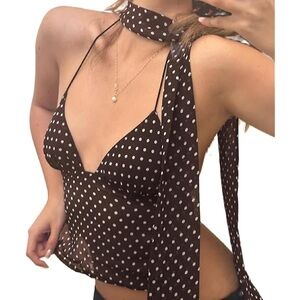 Brown Polka Dot Sheer Top with Scarf